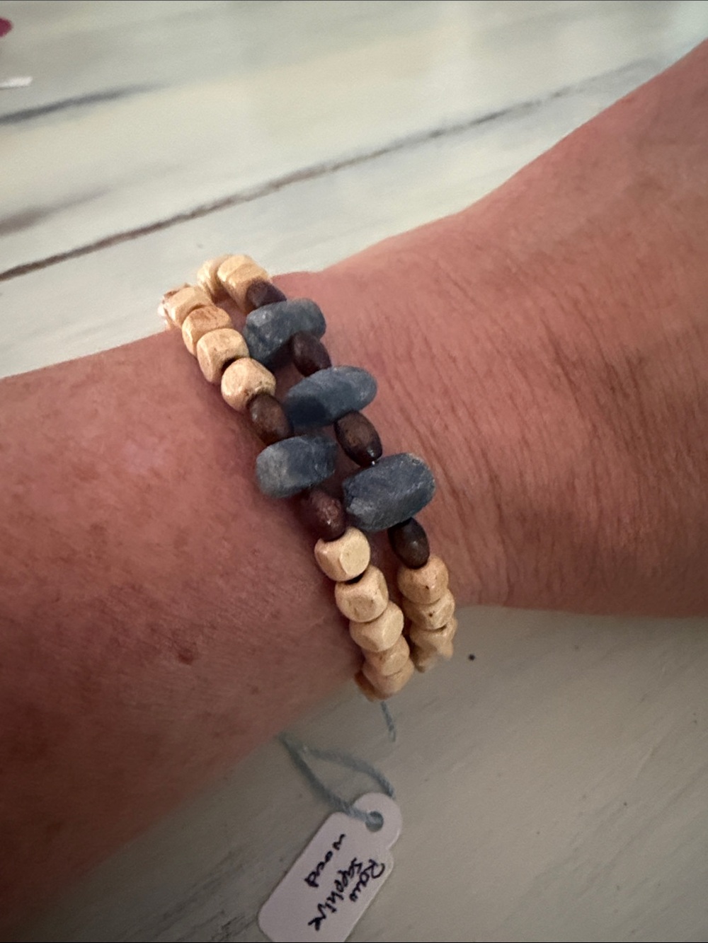 Handcrafted raw sapphires and Natural Wood Bead Wrap Bracelet